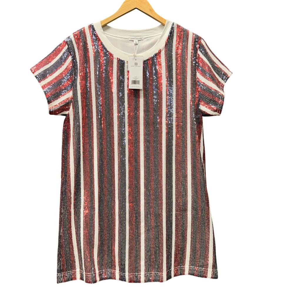 Mary Square Julia Dress Womens Large Stripe Red White & Blue Sequin‎ Gameday NEW